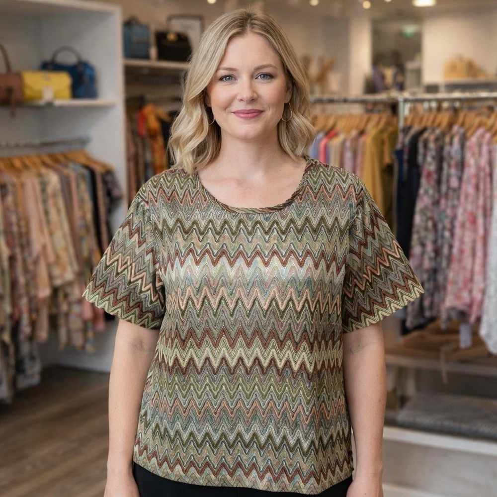 Yves St. Clair Chevron Multicolor Print Sheer‎ Blouse Artsy Eclectic Quirky LP